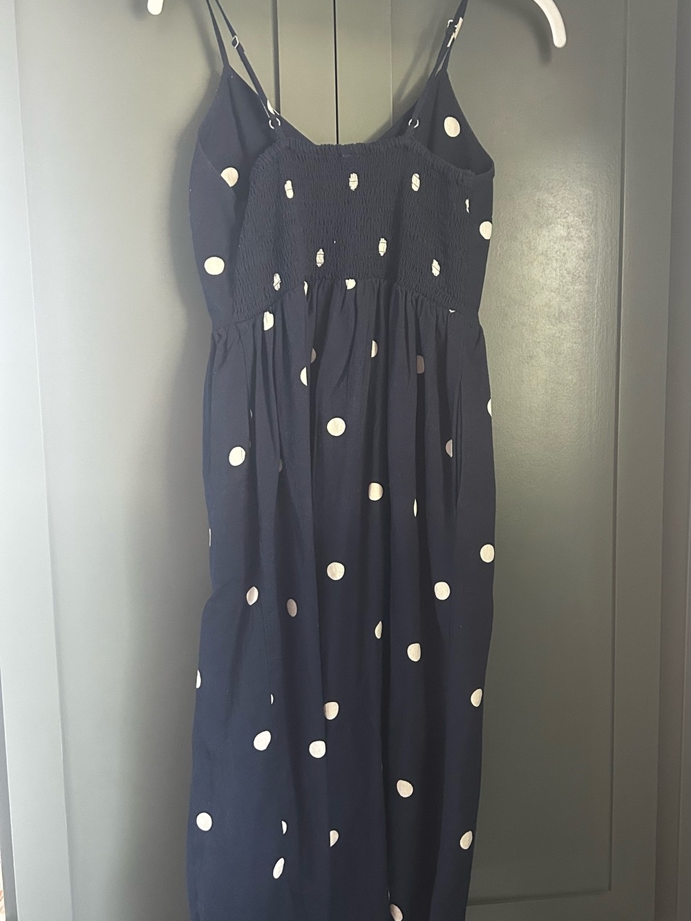 Cotton Linen blend Navy Polka Dot Button-Front Midi Dress - Picture 2 of 3